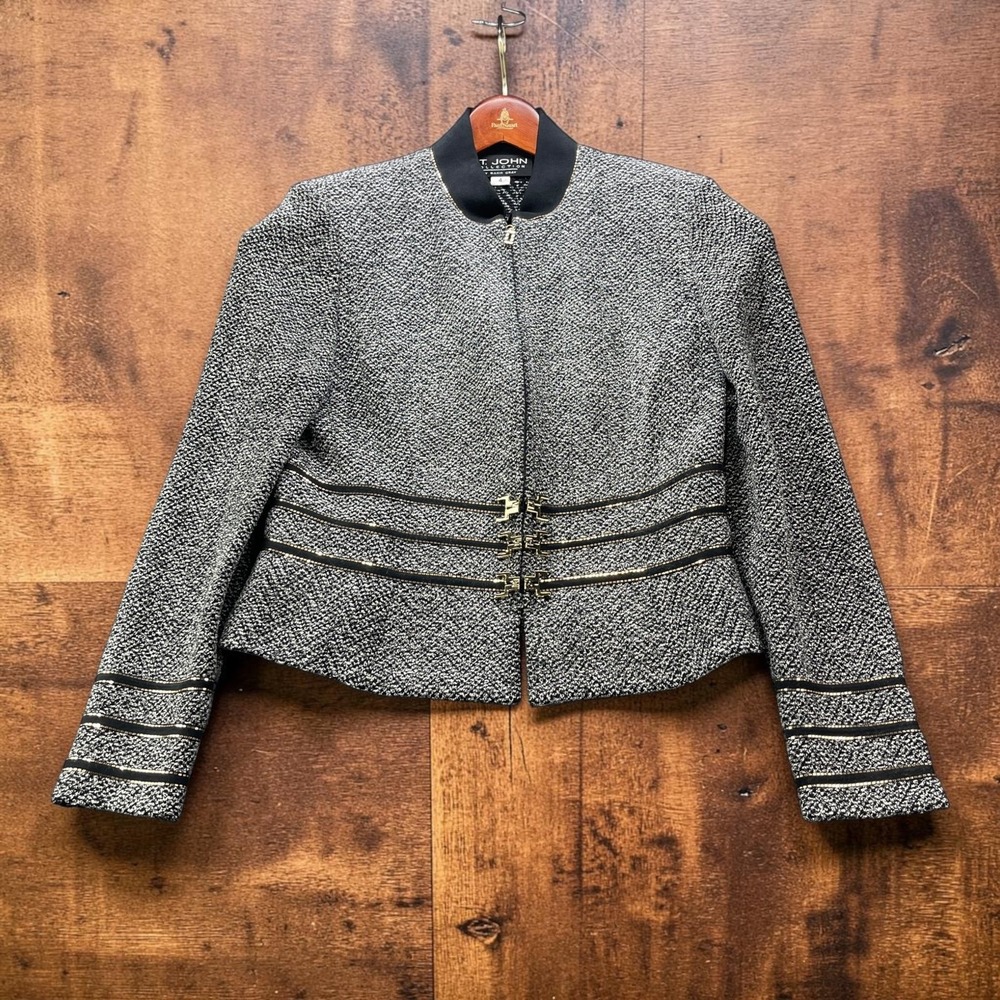 Vintage St John Collection Marie Gray Womens Knit Jacket 4 Black White Tweed Zip